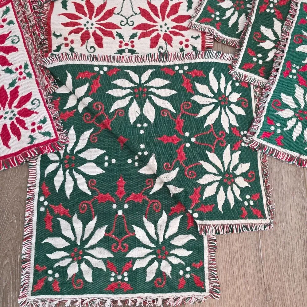 Vintage Poinsettia & Holly Woven Reversible Christmas Placemats Table Runner